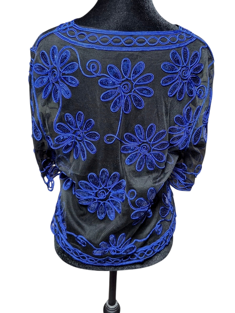 Sheer Floral Embroidered V-Neck Blouse Cobalt Blue Floral With Black Mesh - Picture 3 of 10